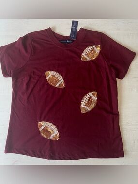 Celestial Blue Burgundy Tee with Gold Sequin Footballs